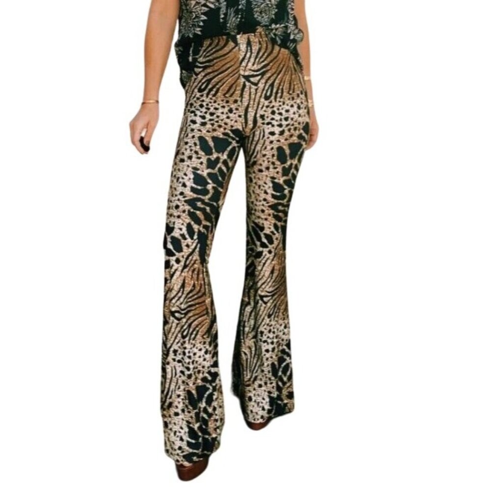 Novella Royal Janis Bell L1eopard Print Flared Women's Pants, Size S